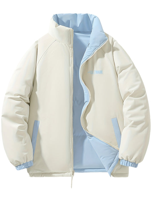 Men'S Double-Sided Winter Jacket - Thickened Stand Collar, Zip-Up Casual Long Sleeve Coat with "MADEASURABLE" & "I CONUT" Branding, Black & White, Regular Fit for Autumn & Winter, Autumn Outerwear, Bold Lettering, Durable Fab