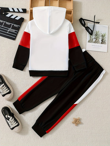 2pcs Boy's "King" Print Hooded Outfit, Stylish Colorblock Stitching Hoodie & Pants Set, Kid's Clothes For Fall/Winter Outdoor Wear, As Gift