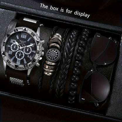 5pcs Men's Business Watch-Stylish round quartz watch electronic movement + three-bracelet fashionable glasses, suitable for office and formal occasions-Ideal gift for professionals