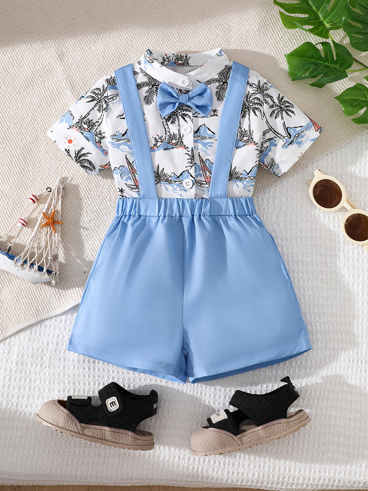 Baby Boy Summer Outfit Set Blue Overalls & Palm Print Shirt