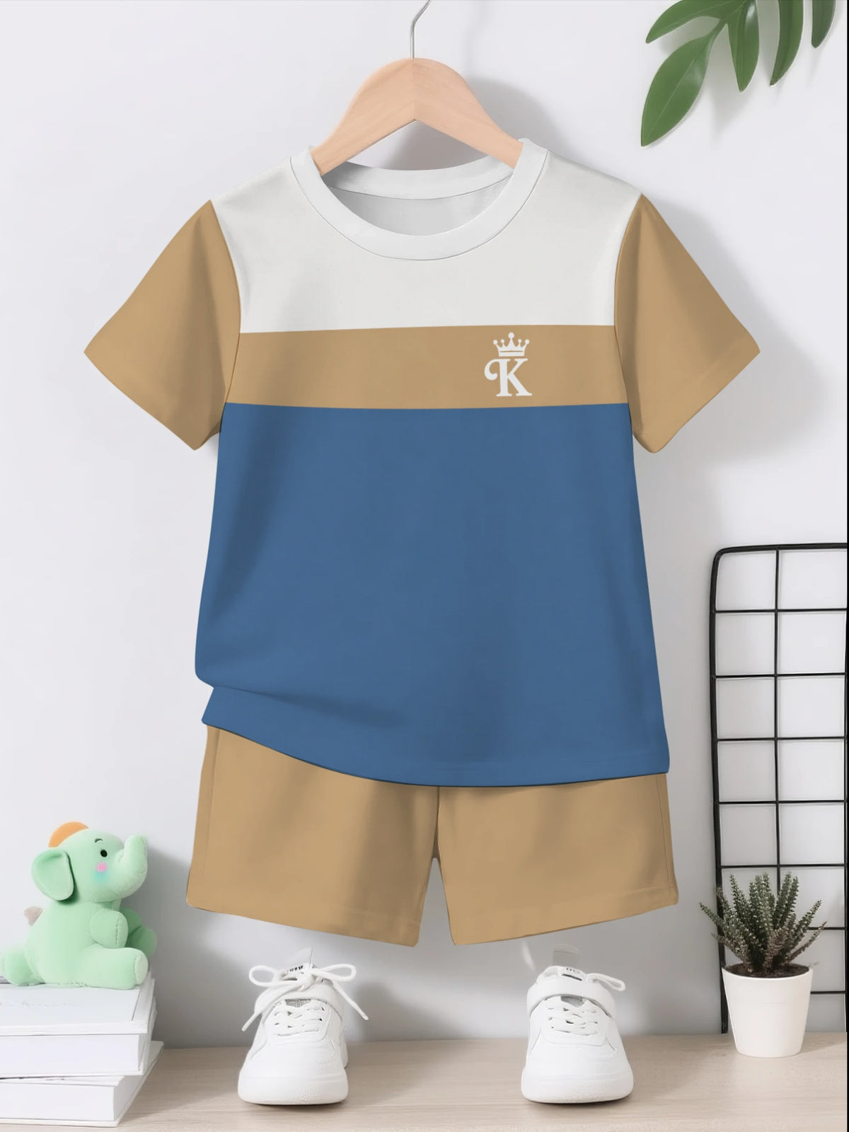Boys' Casual Summer Short Set with Crown Letter K Print