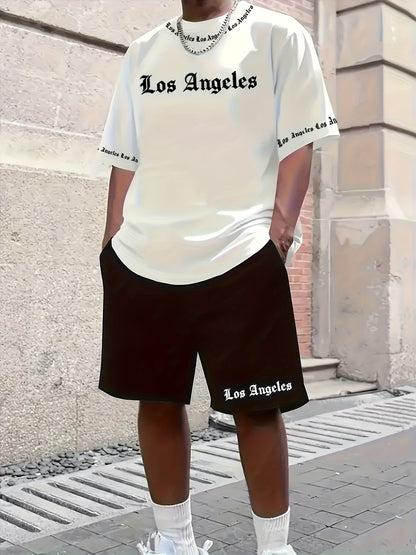 Los Angeles English Pattern Men's Short Sleeve Shirt + Casual Sport Set, Breathable Soft Summer Outfit with Pocketed Shirt and Drawstring Shorts