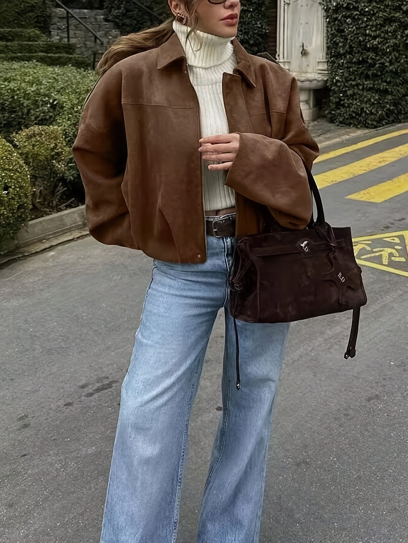 Women'S Vintage Bomber Jacket - Loose Fit Long Sleeve Zip-Up with Drop Shoulder Design, Brown Casual Outerwear for Fall/Winter, Non-Stretch Fabric, Perfect for Casual Attire, Autumn Winter Jacket | Vintage Bomber Style | Zipp