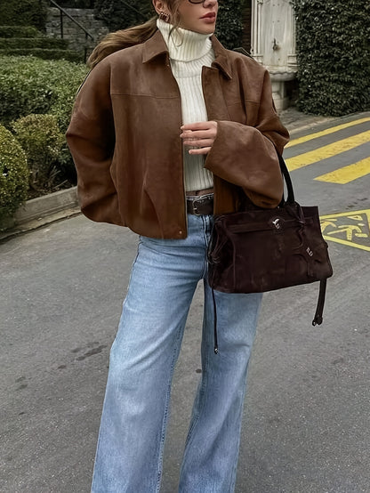 Women'S Vintage Bomber Jacket - Loose Fit Long Sleeve Zip-Up with Drop Shoulder Design, Brown Casual Outerwear for Fall/Winter, Non-Stretch Fabric, Perfect for Casual Attire, Autumn Winter Jacket | Vintage Bomber Style | Zipp