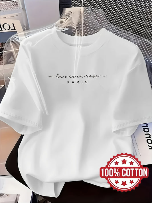 Women's Casual Paris Letter Cotton T-Shirt Crew Neck - ayq