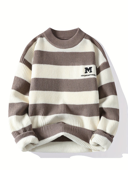 Men's 2025 Autumn/Winter Striped Sweater for Youth with Color Block Round Neck Casual Warm Knitwear