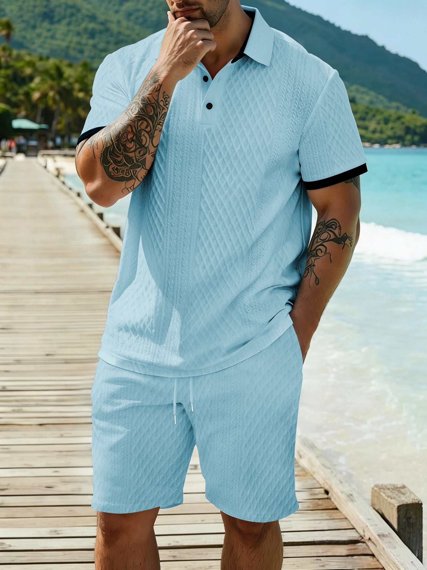 Men's Summer Casual Polo Shirt & Shorts Set with Geometric Print
