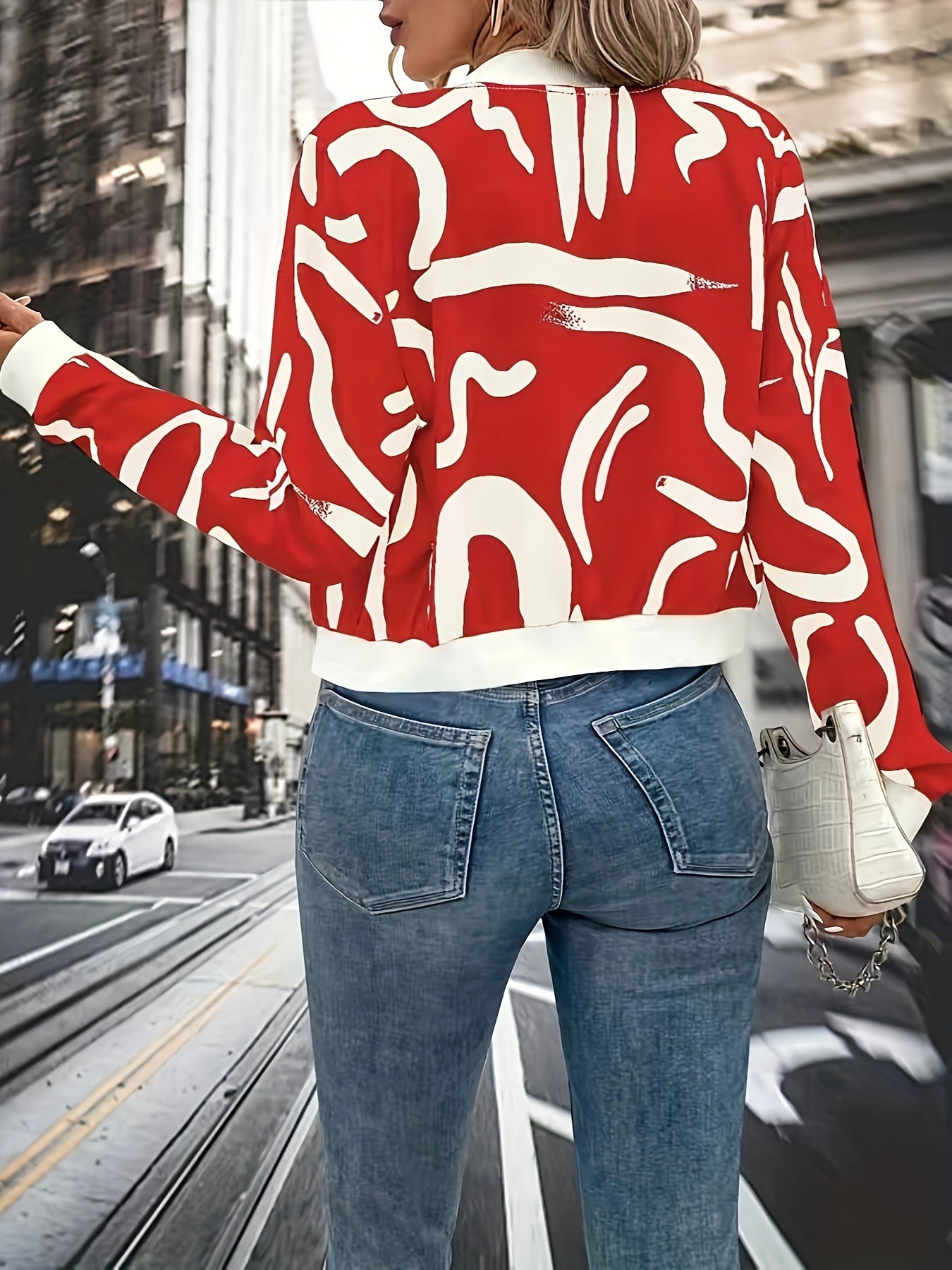 Women'S Stylish Black & White Abstract Print Zip-Up Cardigan Jacket - Casual Long Sleeve Pullover with Belted Waist, All-Season Wear, Casual Attire Jacket|Modern Casual Jacket|Zippered Jacket