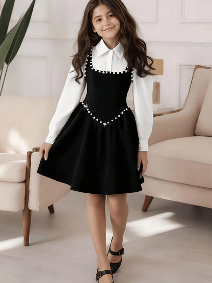 Girls' Elegant Black and White Pearl-Appliqué Dress for Spring/Fall