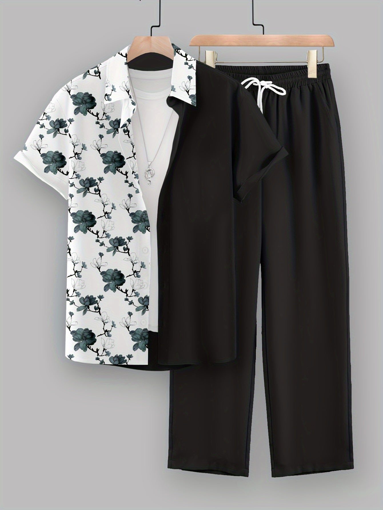 Men's Casual 2-Piece Set, Random Print Short Sleeve Shirt And Drawstring Pants, Regular Fit, Casual Beach Vacation Outfit