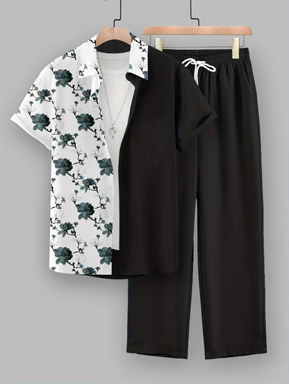 Men's Casual 2-Piece Set, Random Print Short Sleeve Shirt And Drawstring Pants, Regular Fit, Casual Beach Vacation Outfit