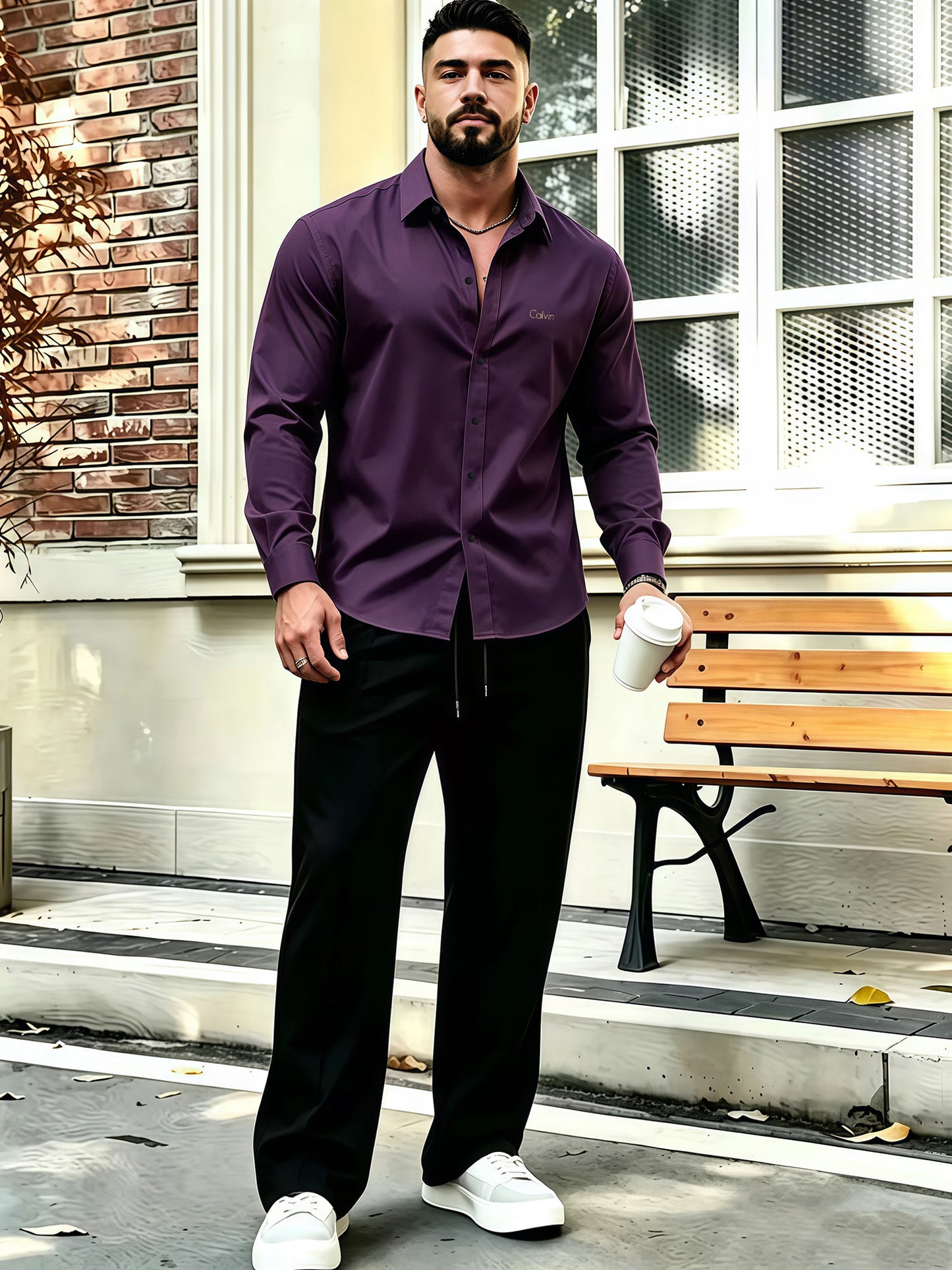 Men's Business Casual Shirt and Trousers Set - Polyester, All Season