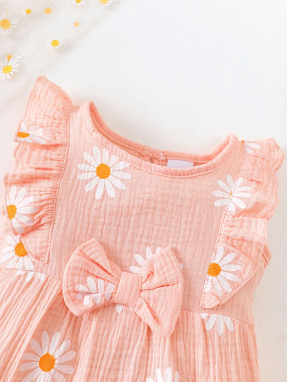 Baby Girl Summer Romper with Floral Print, Lace & Bow Set