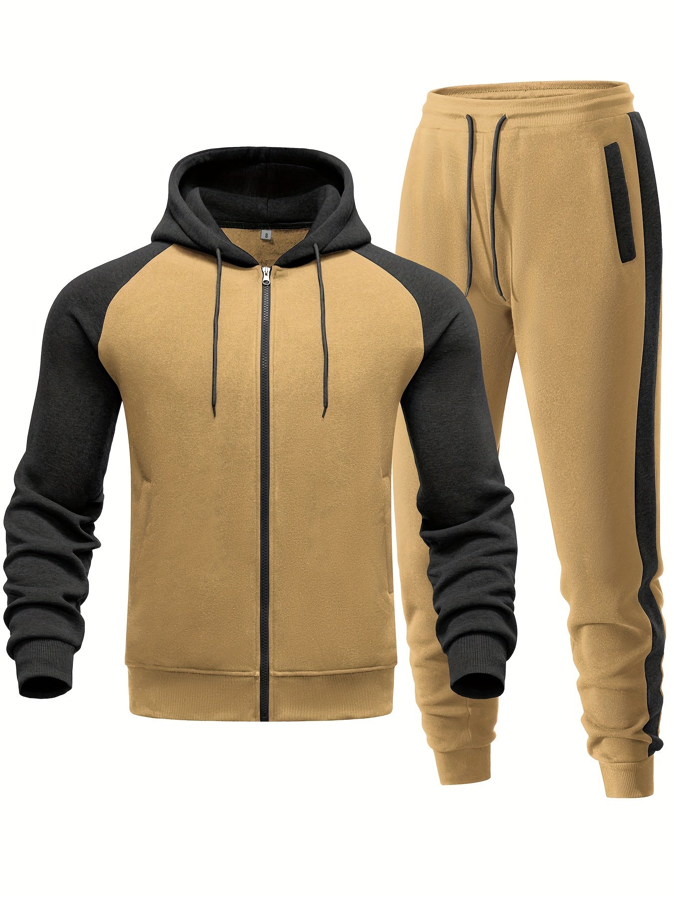 Men's Casual Sports Hoodie Two-Piece Set Four Seasons Color-Matching Zipper Drawstring Waist Jogging Suit