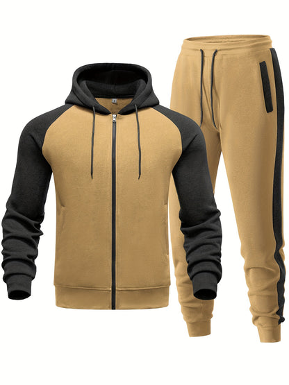 Men's Casual Sports Hoodie Two-Piece Set Four Seasons Color-Matching Zipper Drawstring Waist Jogging Suit