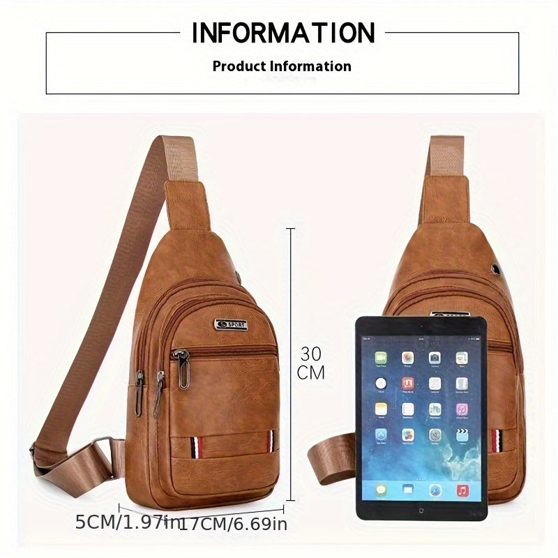 Men'S Vintage Faux Leather Chest Bag - Crossbody Sling Style, Multi-Layer Zippered Front, Brown with Red  White Stripes, Perfect for Casual Outings, Crossbody Bag, Secure Zipper Closure