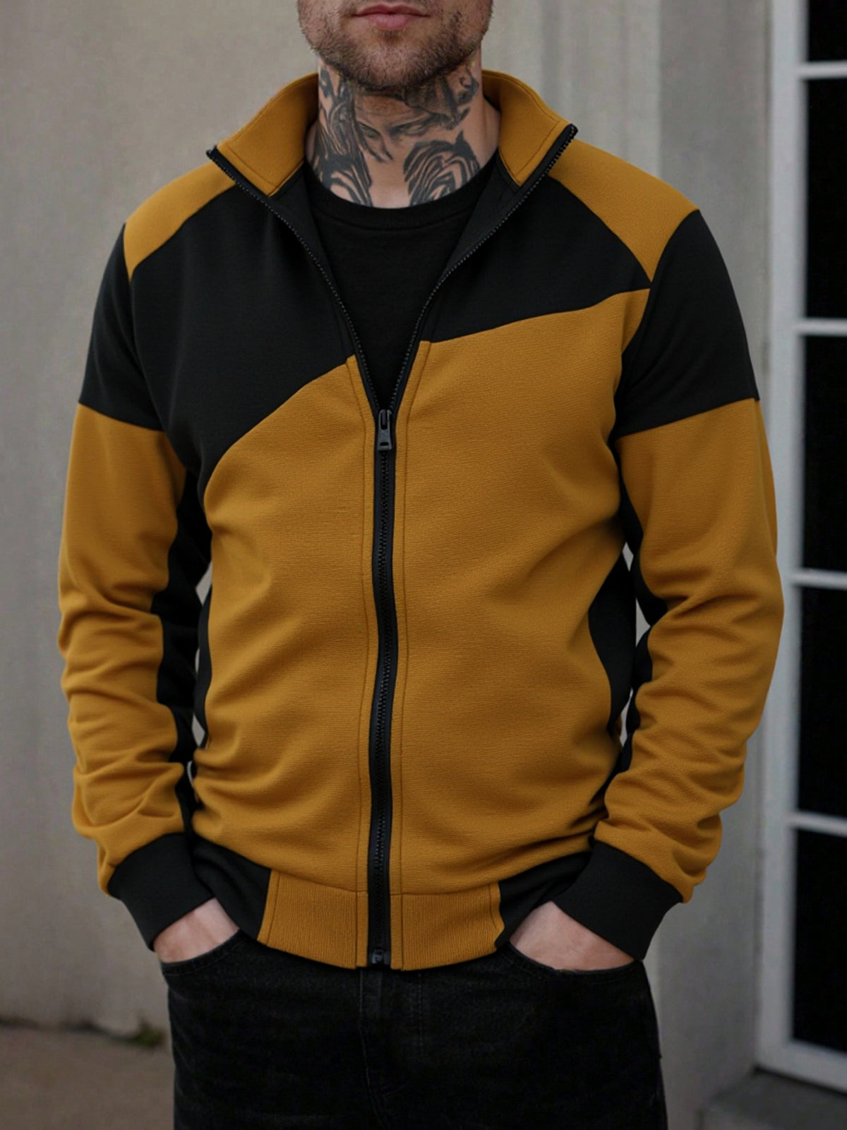 Men's Slim Fit Color Block Zip-Up Jacket with Stand Collar