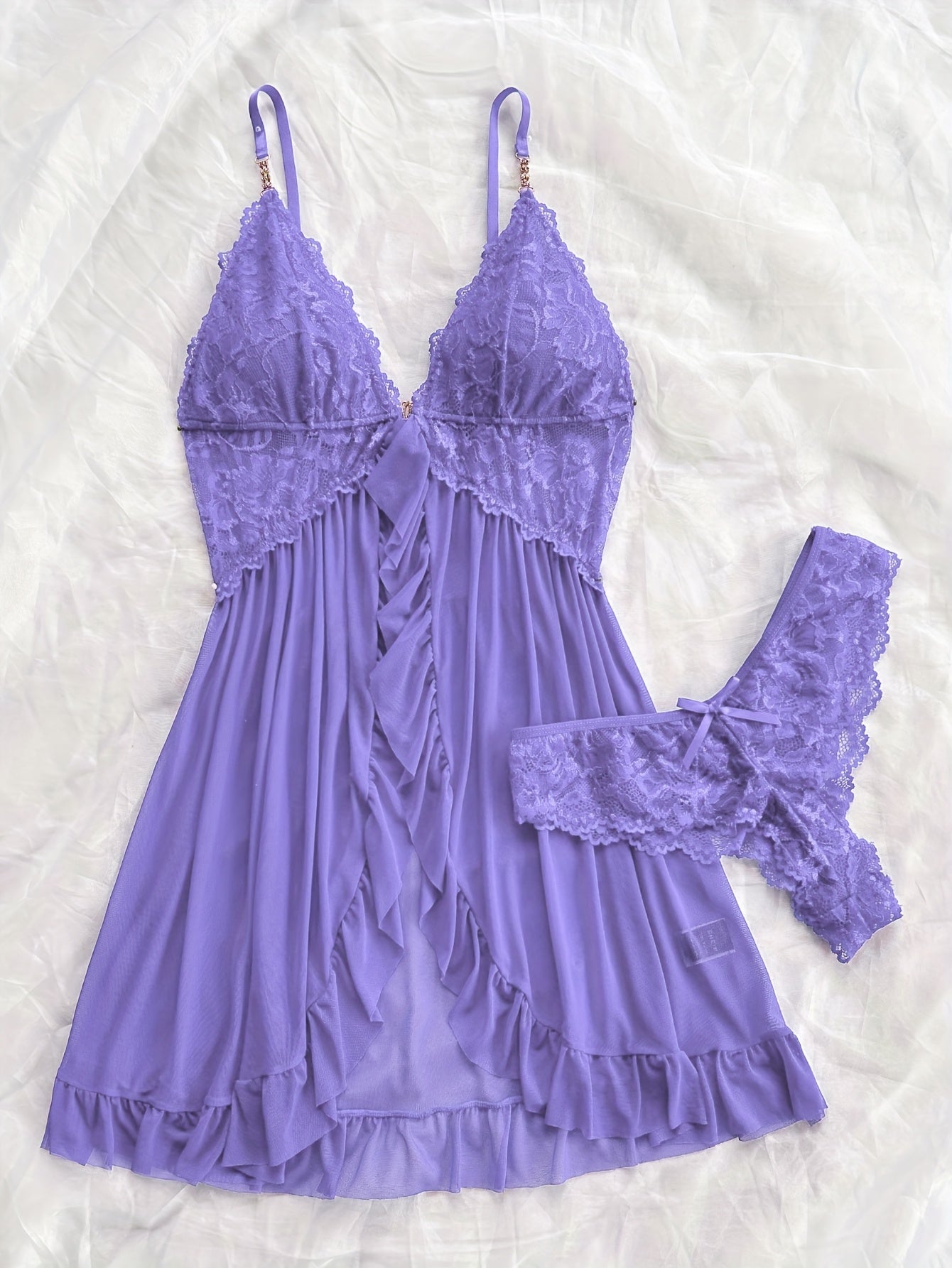 Sexy and Romantic Sleepwear Set, Solid Color Lace Camisole with Matching Panties, V-Neck Design Accentuating Elegant Neckline, Delicate Lace Pattern for Softness. Flared Hem and Ruffled Front Add Graceful Charm, Perfect for a