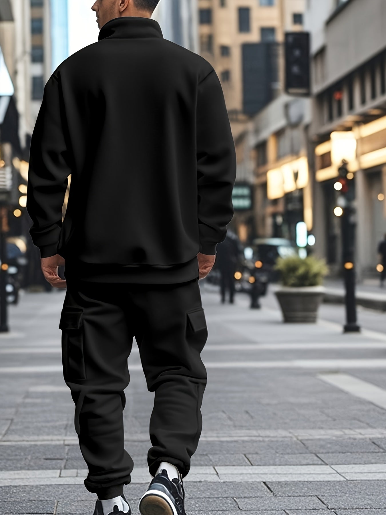 Versatile Ensemble, Men's Casual 2pcs Set: Heavyweight Zip-Up High Neck Sweatshirt & Pocketed Work Pants - Solid Color, Plush Fabric for Fall/Winter