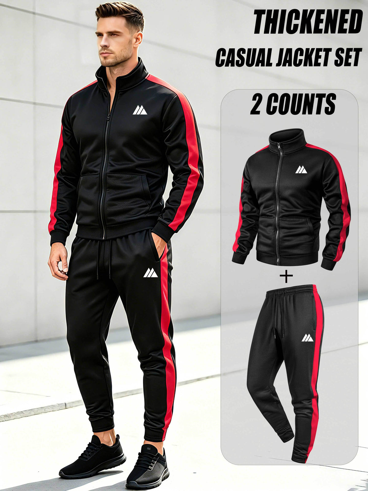 Men's Thickened Casual Sports Tracksuit Set with Zipper Jacket