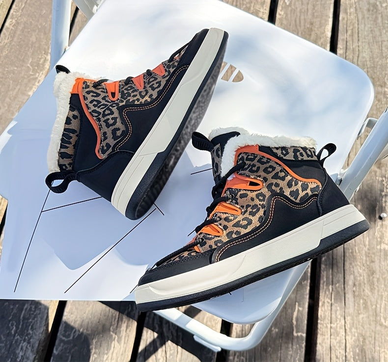 Women'S Stylish Leopard Print Winter Sneakers - Warm Fleece-Lined Casual Shoes with Thick Cushioned PVC Sole, Black & Orange Design, Perfect for Fall/Winter, Winter Sneakers | Leopard Print Shoes | Durable PVC Sole