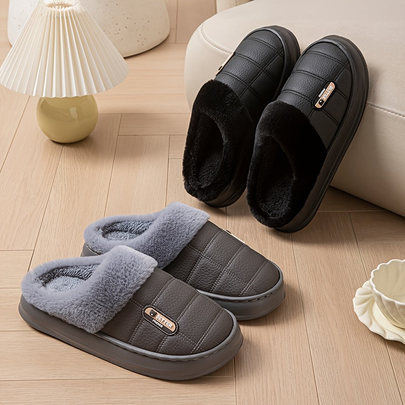 Men's Large PU Faux Leather Slippers Thick EVA Sole Warm Slip-On