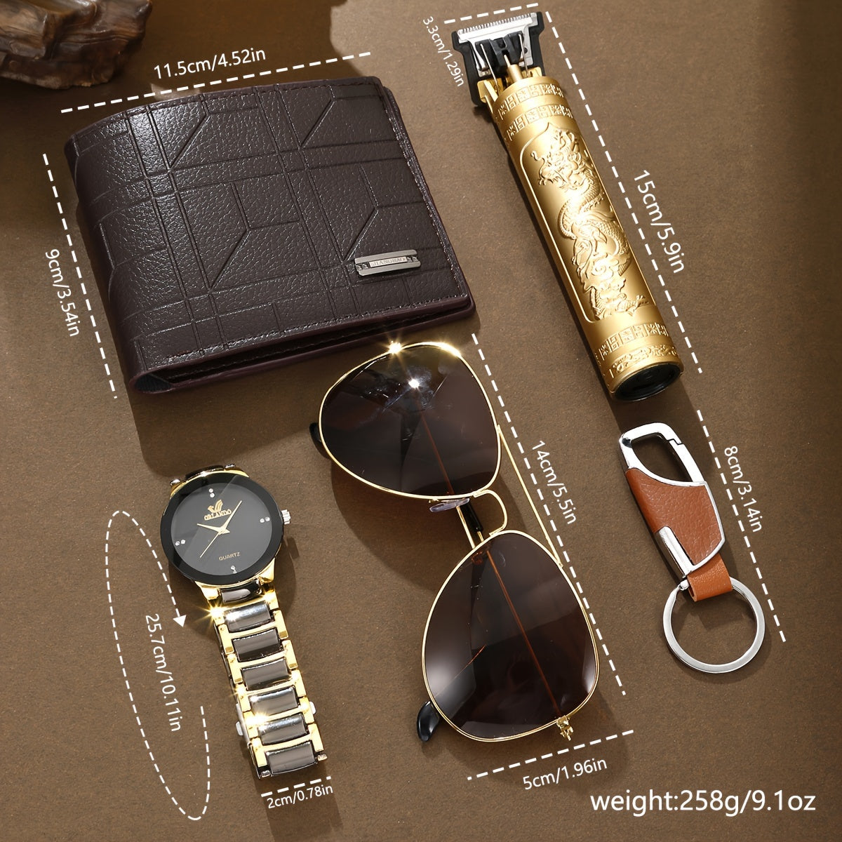 5pcs Men's Business Casual Watch Set with Wallet, Hair Clipper, Keychain, Fashion Glasses, and Watch - Minimalist Business Watch Set in Elegant Gift Box