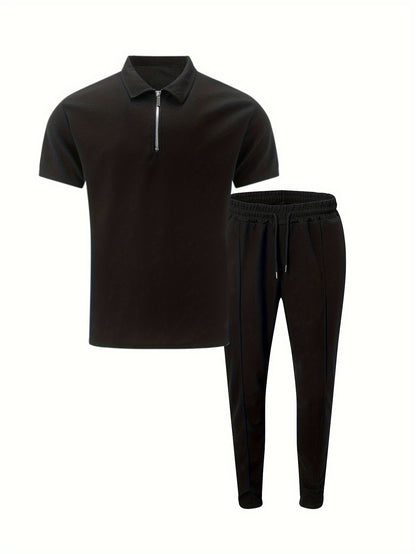 Men's Fashion Short-Sleeve Long-Pants Waffle Knit Zip-Up Turn- Collar Casual Two-Piece Set