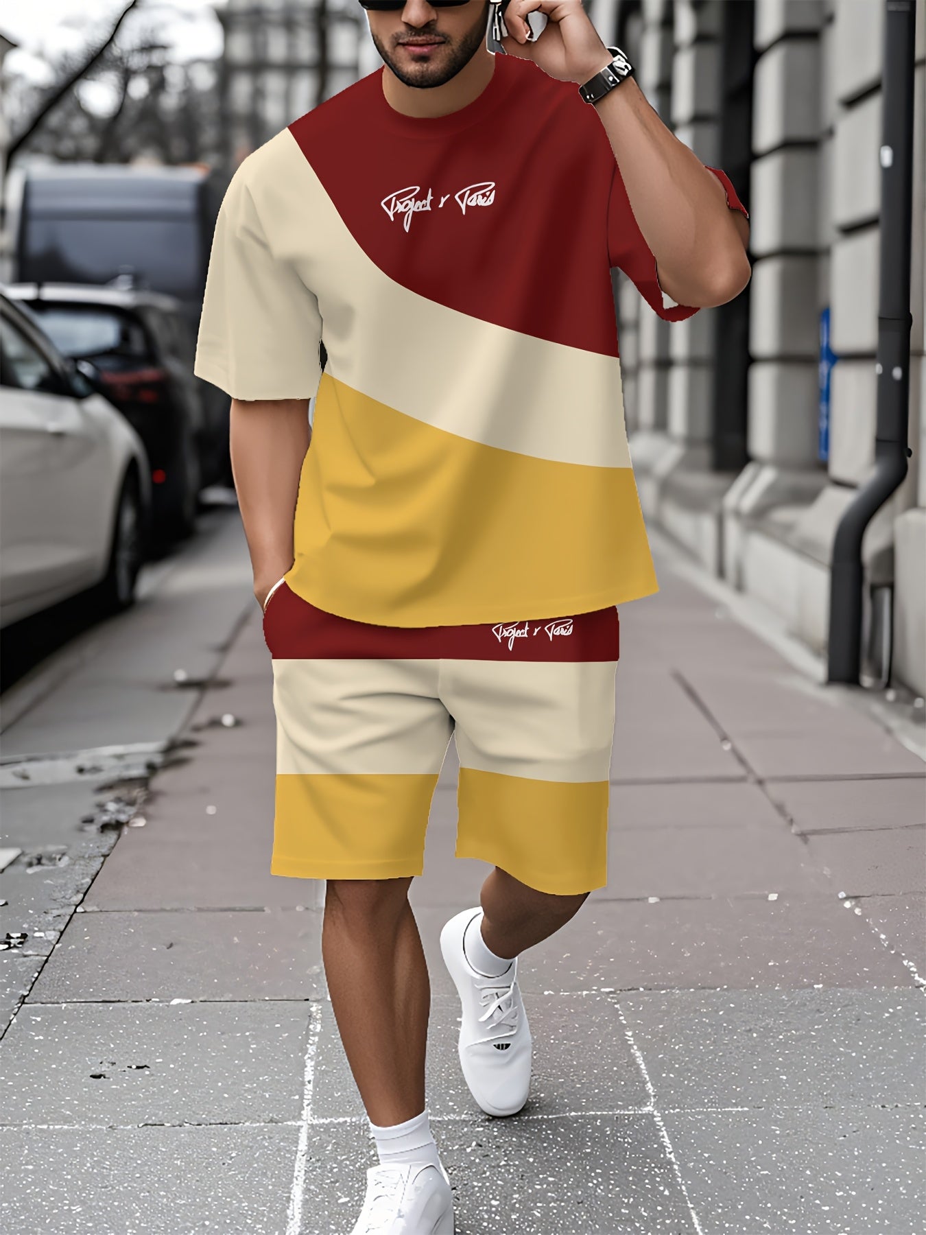 Summer New Round Neck Short Sleeve T-Shirt Set, 3-Color Patchwork Pattern, Front Chest Fashion Letter, Casual Style, Simple Matching Outfit Suitable for Date Night