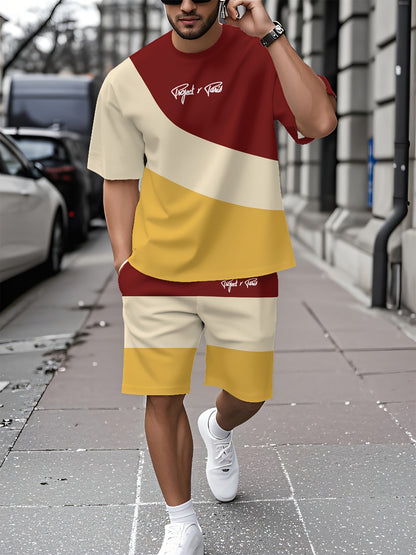 Summer New Round Neck Short Sleeve T-Shirt Set, 3-Color Patchwork Pattern, Front Chest Fashion Letter, Casual Style, Simple Matching Outfit Suitable for Date Night