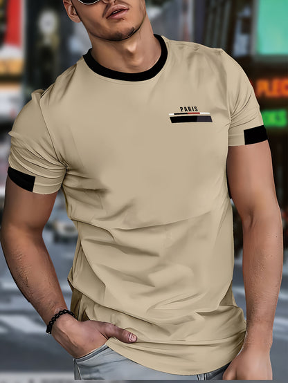 Men'S Paris Graphic T-Shirt - Green Polyester Crew Neck Tee with White Stripes  Print - Casual Sporty Knit Top for Casual Attire, Breathable Fabric