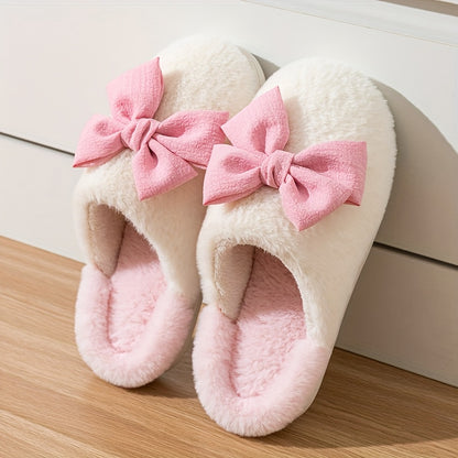 Women'S Cozy Winter Slip-On Slippers with Large Bow Detail - Soft Corduroy, Non-Slip TPR Sole, Warm Fabric Lining for Indoor Comfort, Cute Slippers