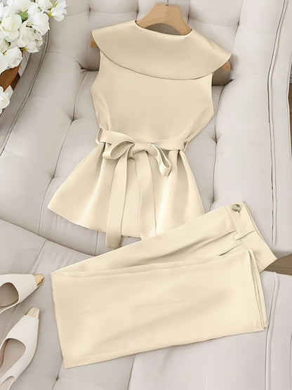 2pcs Elegant Polyester Pantsuit Set, Waterfall Collar, Solid Color Sleeveless Top and Pants, Polyester and Spandex Blend, with Bow Details, Spring and Summer Style - Nian Nian