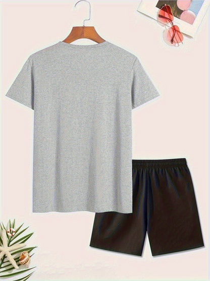 New Summer Men's Printed 2pcs Fashion Casual Suit, Round Neck Short Sleeve T-shirt and Waistband Shorts Set