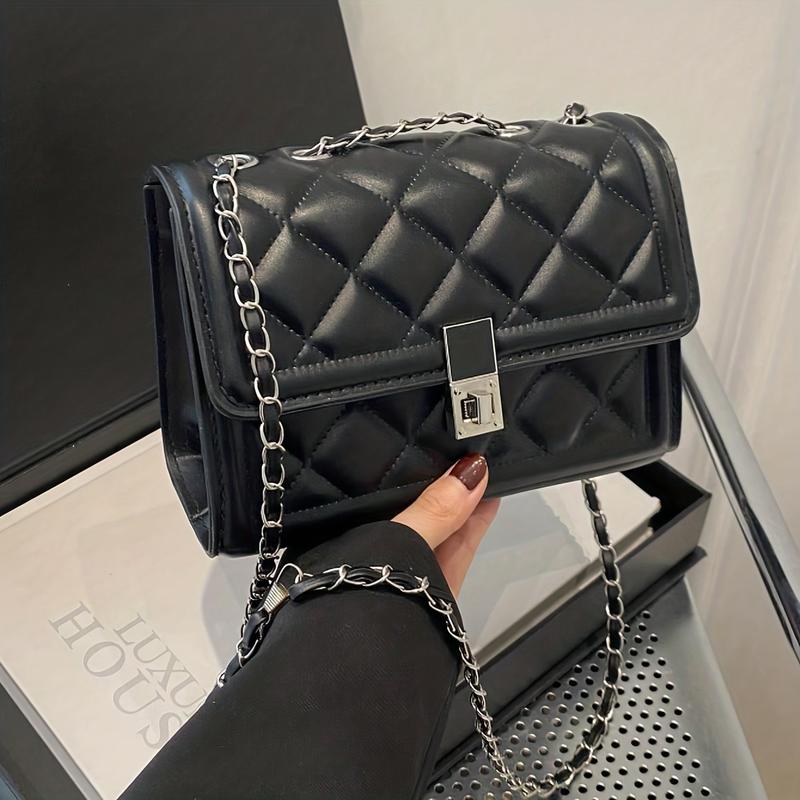Women' Elegant Black Handbag with Rotating Lock Closure & Chain Strap - Convertible Crossbody/Shoulder Bag Suitable for, Travel, Daily Use - Durable Structured Wallet-Purse with Chain Strap Accessory ()