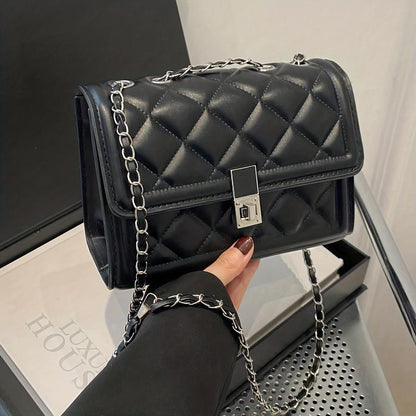 Women' Elegant Black Handbag with Rotating Lock Closure & Chain Strap - Convertible Crossbody/Shoulder Bag Suitable for, Travel, Daily Use - Durable Structured Wallet-Purse with Chain Strap Accessory ()