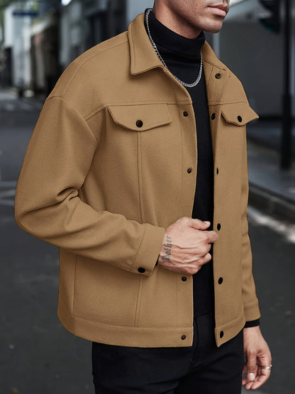 Men's European-Style Casual Jacket - Collar Button Coat, Beige/Brown/Burgundy/Tan, Machine-Washable Blazer for Spring/Fall, Tailored Fit (No) - Versatile Outerwear for Casual & Formal Events