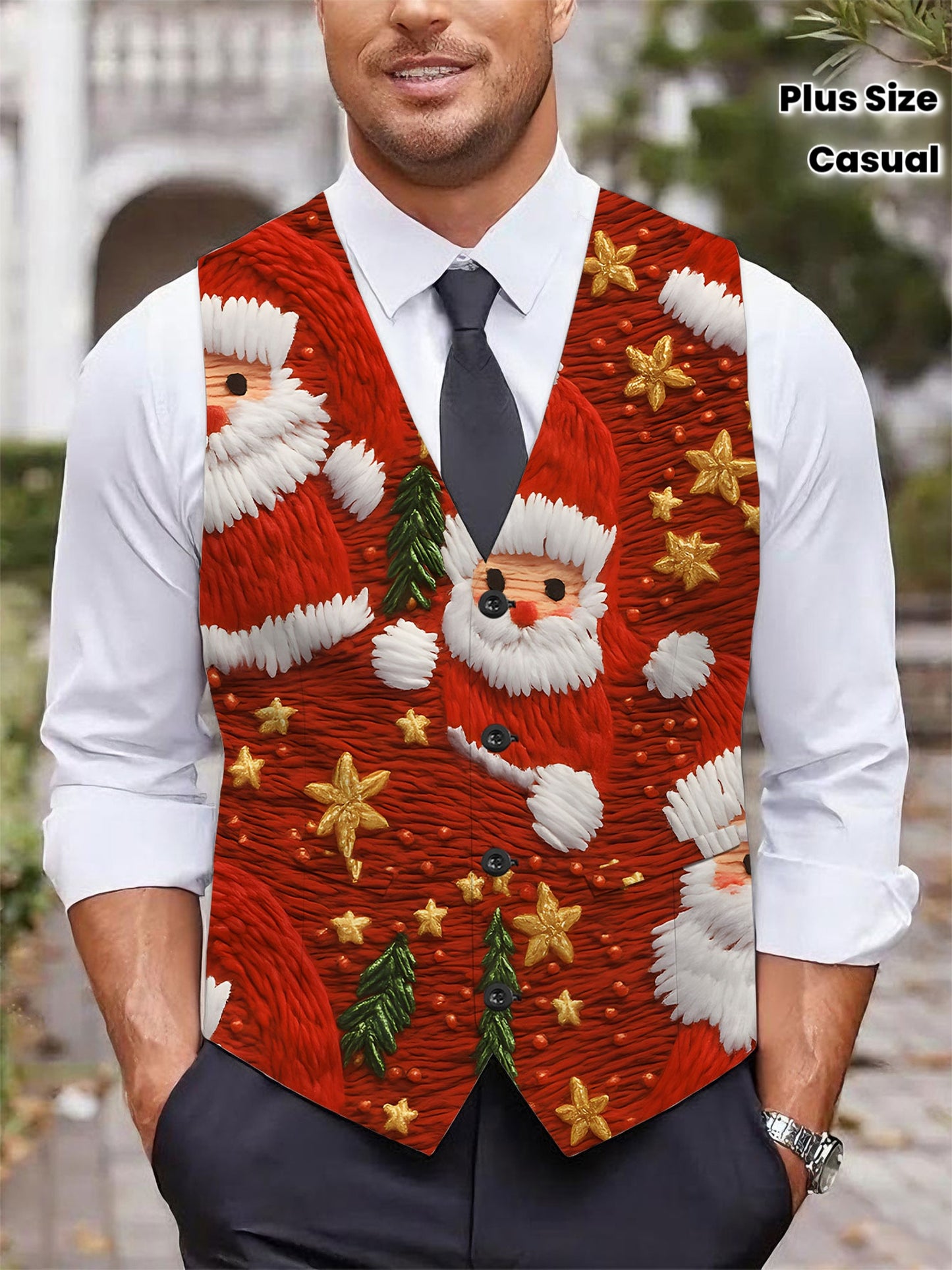 Men's Full-Body Print Santa Claus Vest with Collar & - Red/Green/White/Golden Christmas Jacket, Golden Star Buttons, All-Season Party & Casual Coat for Holiday Events, Costumes, and Casual Attire, PLUS SIZE