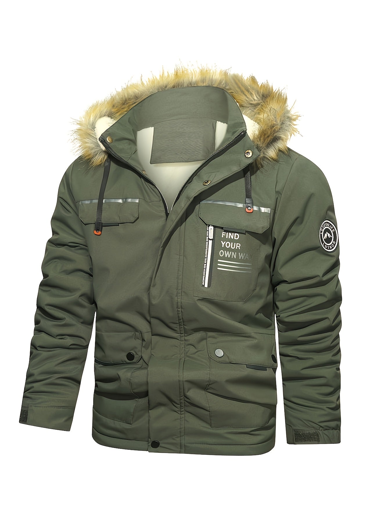 Men'S Winter Hooded Jacket with Fleece Lining - Thickened Zip-Up Coat, Multiple Pockets, Detachable Hood, Olive Green, Casual Sporty Style for Cold Weather, Winter Jacket, Durable Outerwear, Winter Coat Men, Coat With Variabl