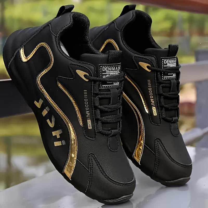 Letter Print. Casual Fashion. Low Top. Lace-Up. Solid Color. Comfortable. Good Grip. Unisex. Multifunctional. Skate Shoes. Men'S Casual Sports Sneakers Breathable, Non-Slip Running Shoes, Soft Sole, Golden And Black Design. G - ayq