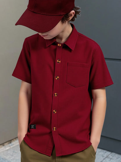 Boys' Casual Monochrome Short-Sleeve Shirt with Chest Pocket