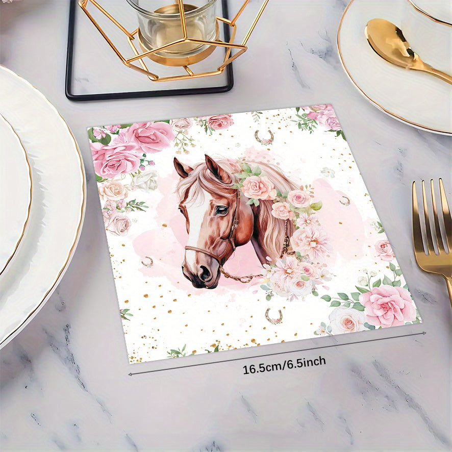 20-Pack Floral Horse Party Napkins - Elegant Pink Roses & Golden Glitter Design, 2-Ply Decorative Paper Tableware for Birthdays, Celebrations, and Festive Occasions, Birthday Party Decorations for Christmas,Newyear,Valentine,