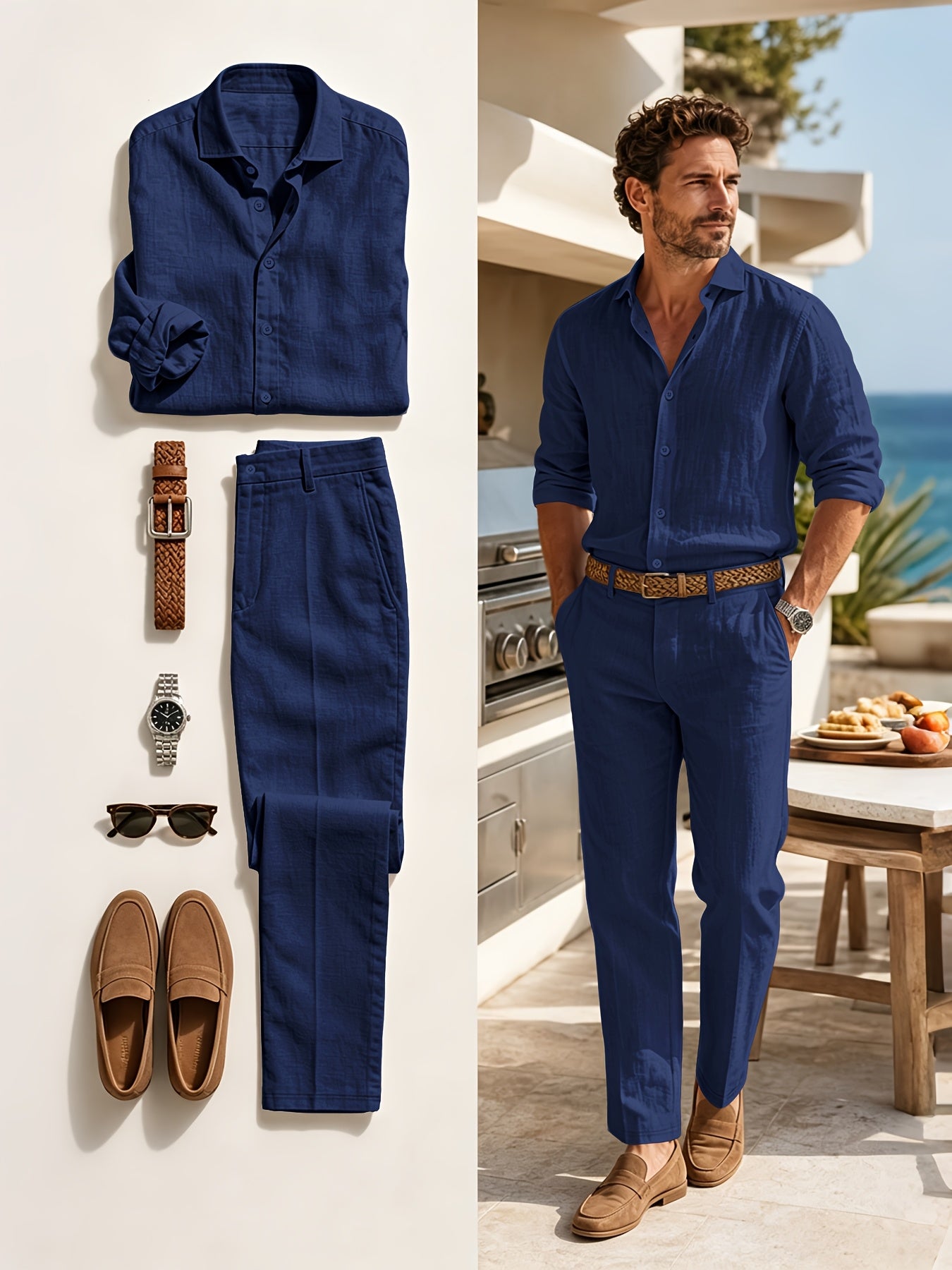 Men's Linen Casual Lapel Shirt and Trousers Set for Spring/Fall