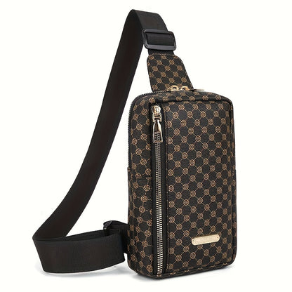 Men'S Classic Black PU Crossbody Bag with Geometric Pattern, Key Holder, Zipper Closure, Polyester Lining, Urban Style, Commuter Bag Geometric Pattern Bag Zippered Closure Bag