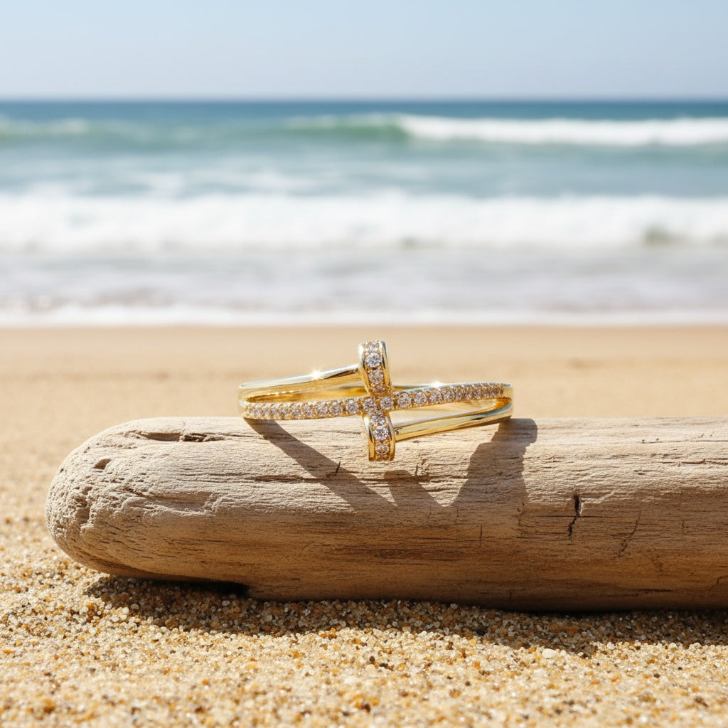Women's Simple Cross-Inlay Zirconia Ring in White Gold Plating