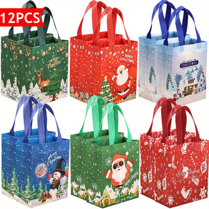 6/12pcs Christmas Gift Bags with Handles, Medium Reusable Non-Woven Tote Bags for Wrapping Gifts or Party Favors, New Year Shopping Bag, 25×20×10cm