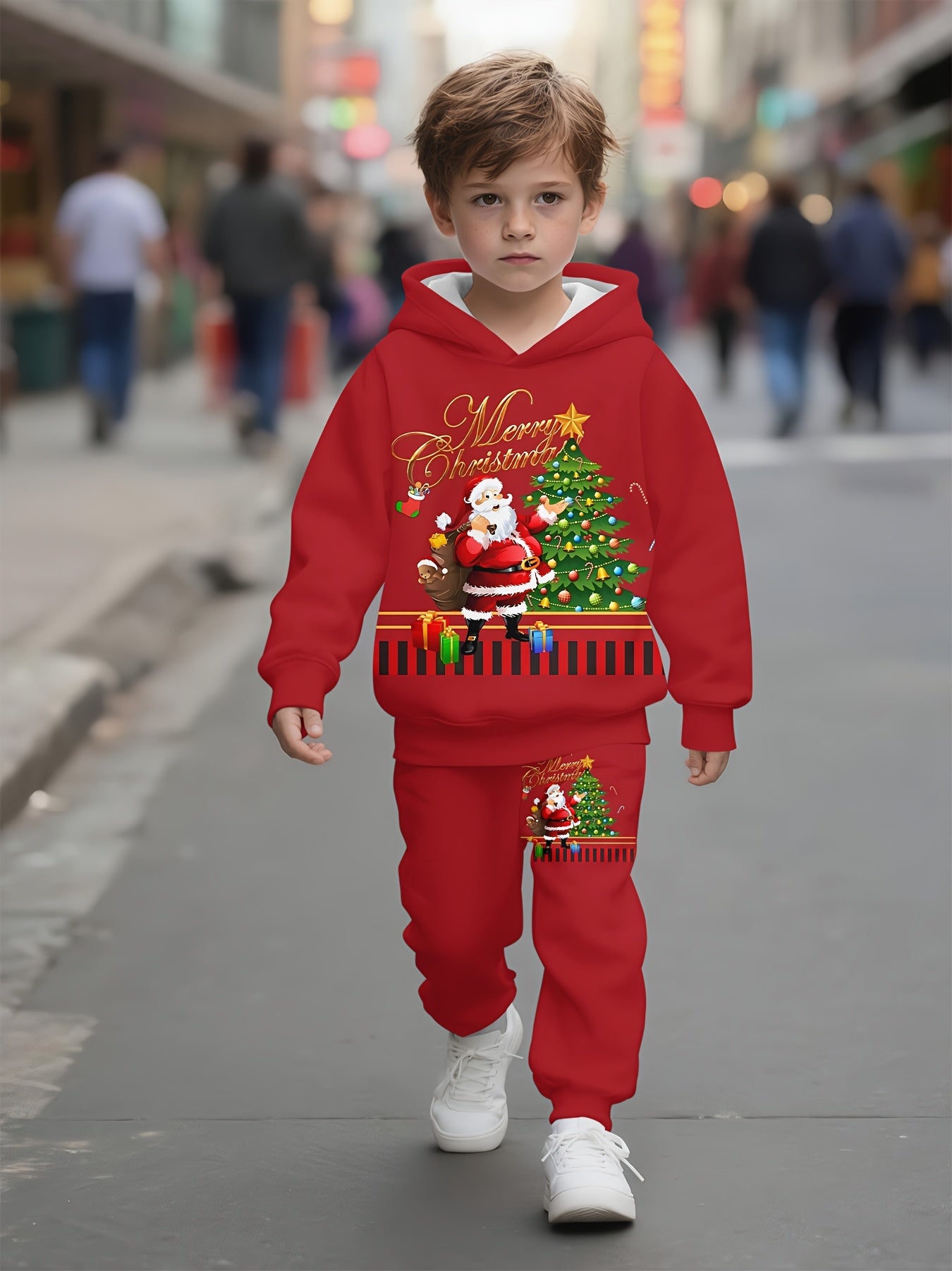 2pcs Boys' Christmas Hoodie & Sweatpants Set - Red Santa Claus & Reindeer Print, 3D Christmas Gift Design, Long Sleeve Pullover & Joggers, Casual Spring/Fall Outdoor, for Outdoor
