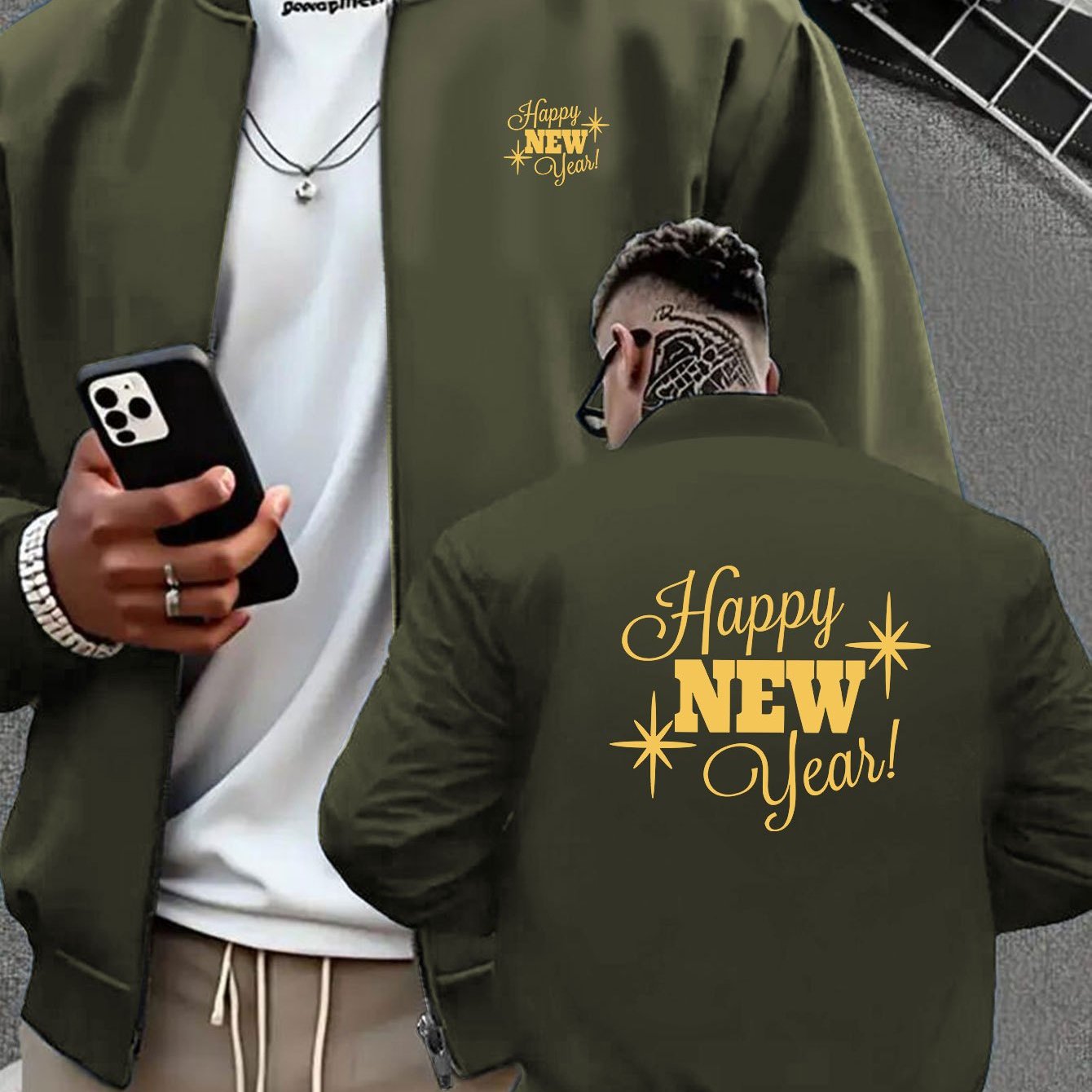 Men's Navy Blue Full-Zip Casual Jacket with Golden Happy New Year Print & Golden Glitter Lettering - Full-Zip Closure, Machine Washable, Regular Fit Winter Coat for Parties, Casual Attire & New Year's Eve Outfits - Stylish Ou