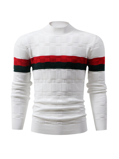 Temujin OBM Men's Fashion Mid-Neck Button Contrast Stripe Three-Dimensional Plaid Knit Top