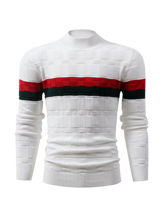 Temujin OBM Men's Fashion Mid-Neck Button Contrast Stripe Three-Dimensional Plaid Knit Top